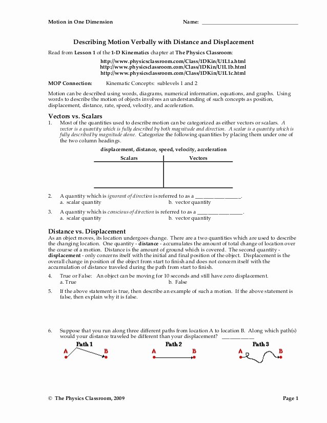 Distance and Displacement Worksheet Fresh 1d Motion Worksheet Packet