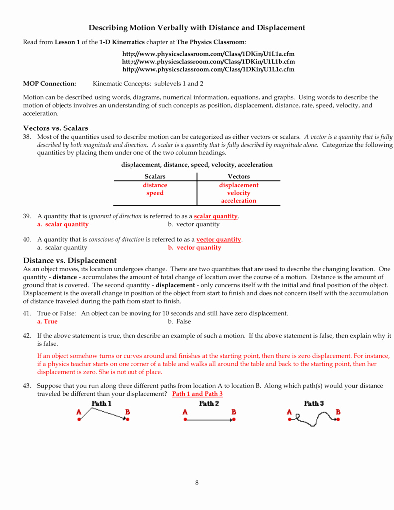 Distance and Displacement Worksheet New Physics Classroom Worksheets Key Unit 1