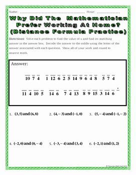 Distance formula Worksheet Geometry Elegant Distance formula Practice Riddle Worksheet by Secondary