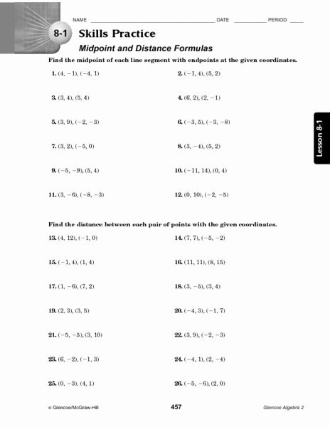 Distance formula Worksheet Geometry New 8 1 Skills Practice Midpoint and Distance formula