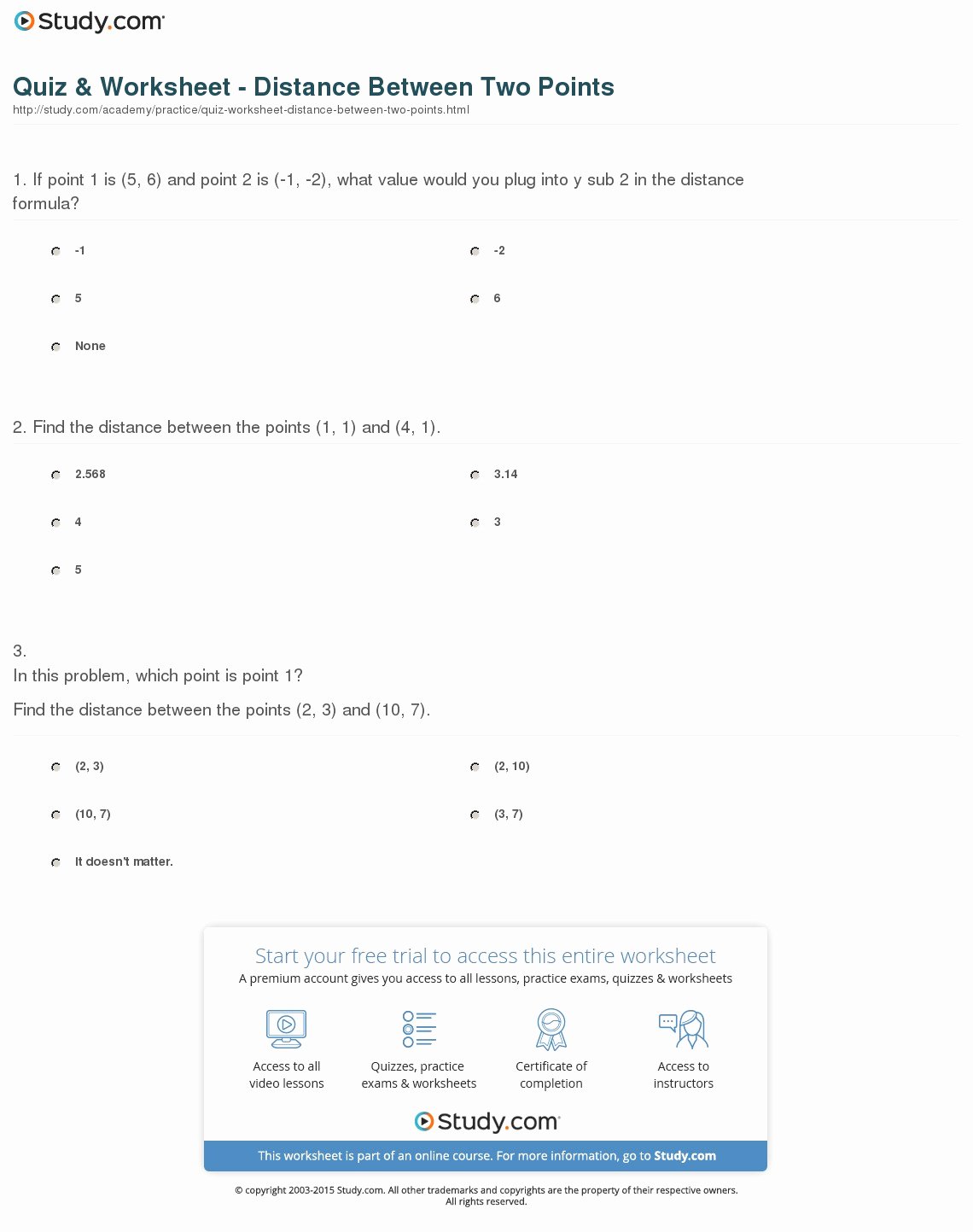 Distance formula Worksheet with Answers Elegant Quiz &amp; Worksheet Distance Between Two Points