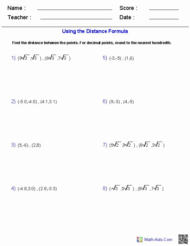 The Distance Formula Worksheet Answers