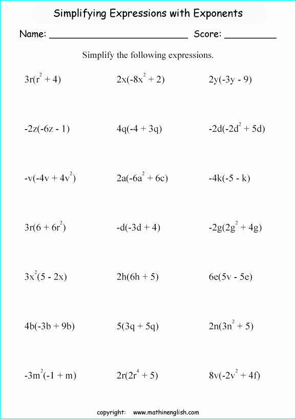 Distributive Property with Variables Worksheet New Simplify these Expressions with Variables with Exponents