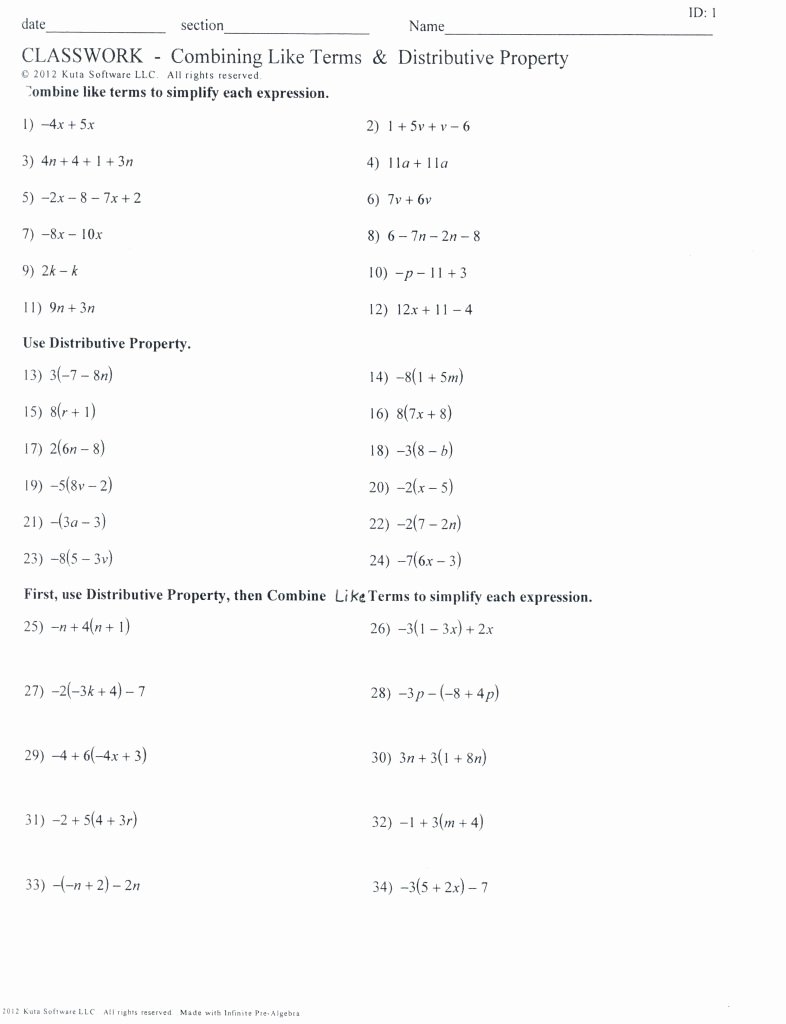 Distributive Property with Variables Worksheet Unique Bining Like Terms Practice Worksheet Math Worksheets