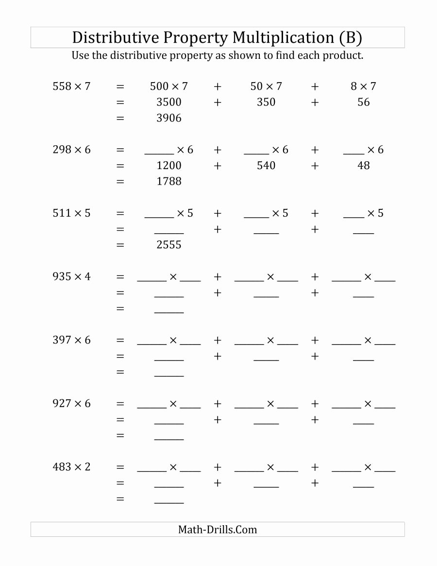 Distributive Property Worksheet Pdf New Multiply 3 Digit by 1 Digit Numbers Using the Distributive