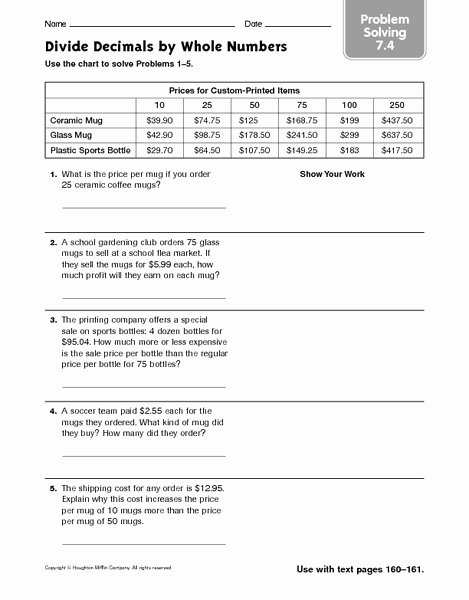 Dividing Decimals Word Problems Worksheet Awesome Divide Decimals by whole Numbers Problem solving 7 4