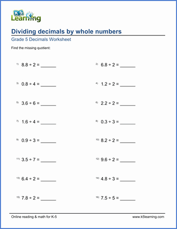 Dividing Decimals Worksheet Pdf Best Of Grade 5 Math Worksheet Dividing Decimals by whole Numbers