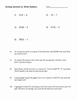 Dividing Decimals Worksheet Pdf Inspirational Dividing Decimals by whole Numbers Practice and Word