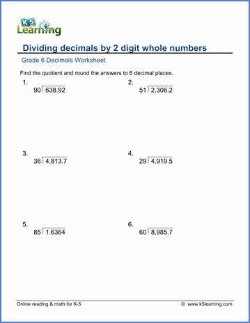 Dividing Decimals Worksheet Pdf Inspirational Grade 6 Math Worksheet Decimals Dividing Decimals by 2