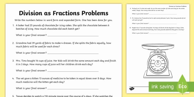 Dividing Fractions Word Problems Worksheet New Division as Fractions Word Problems Worksheet Activity Sheet