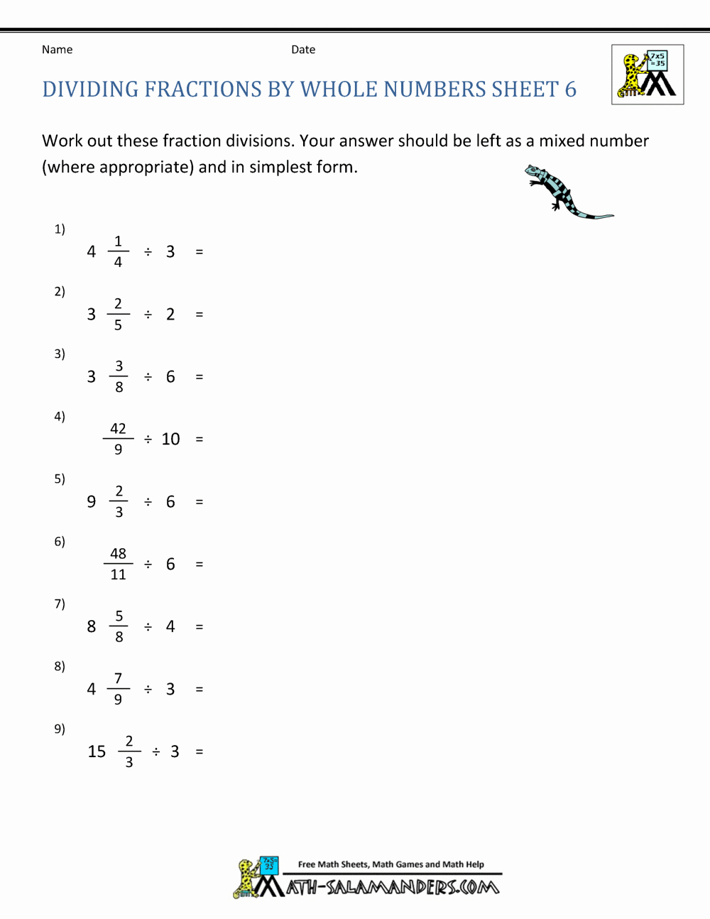 Dividing Mixed Numbers Worksheet Beautiful Dividing Fractions by whole Numbers