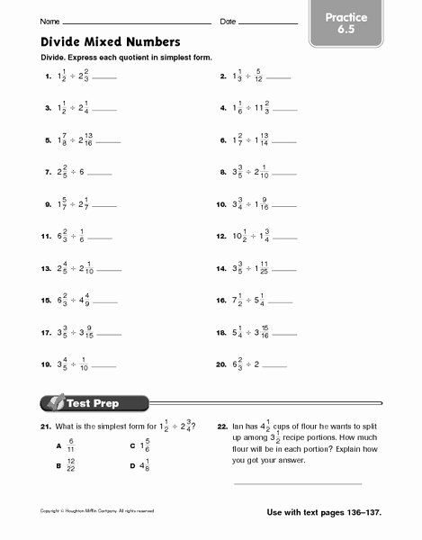Dividing Mixed Numbers Worksheet Lovely Divide Mixed Numbers Practice 6 5 Worksheet for 5th