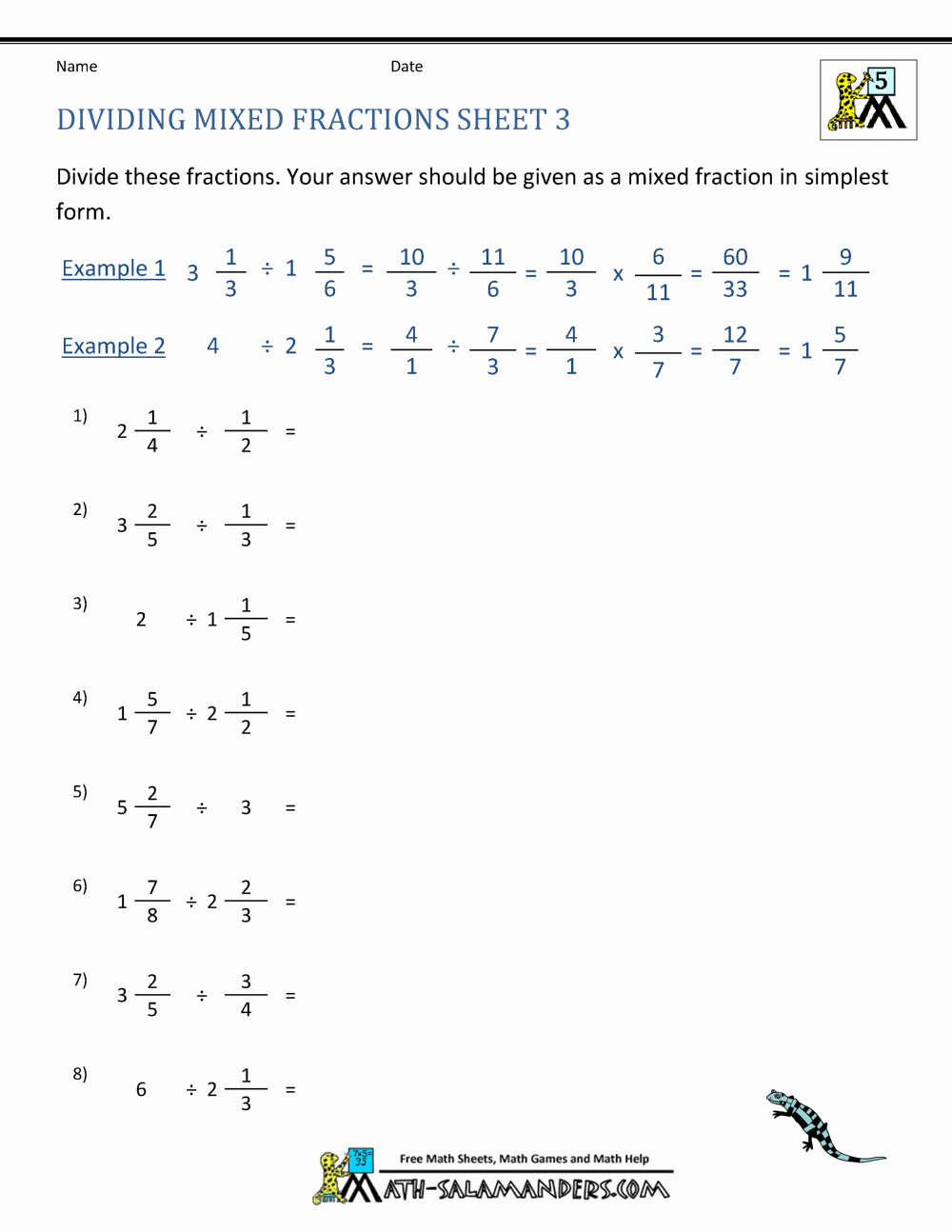 Dividing Mixed Numbers Worksheet New Dividing Mixed Fractions