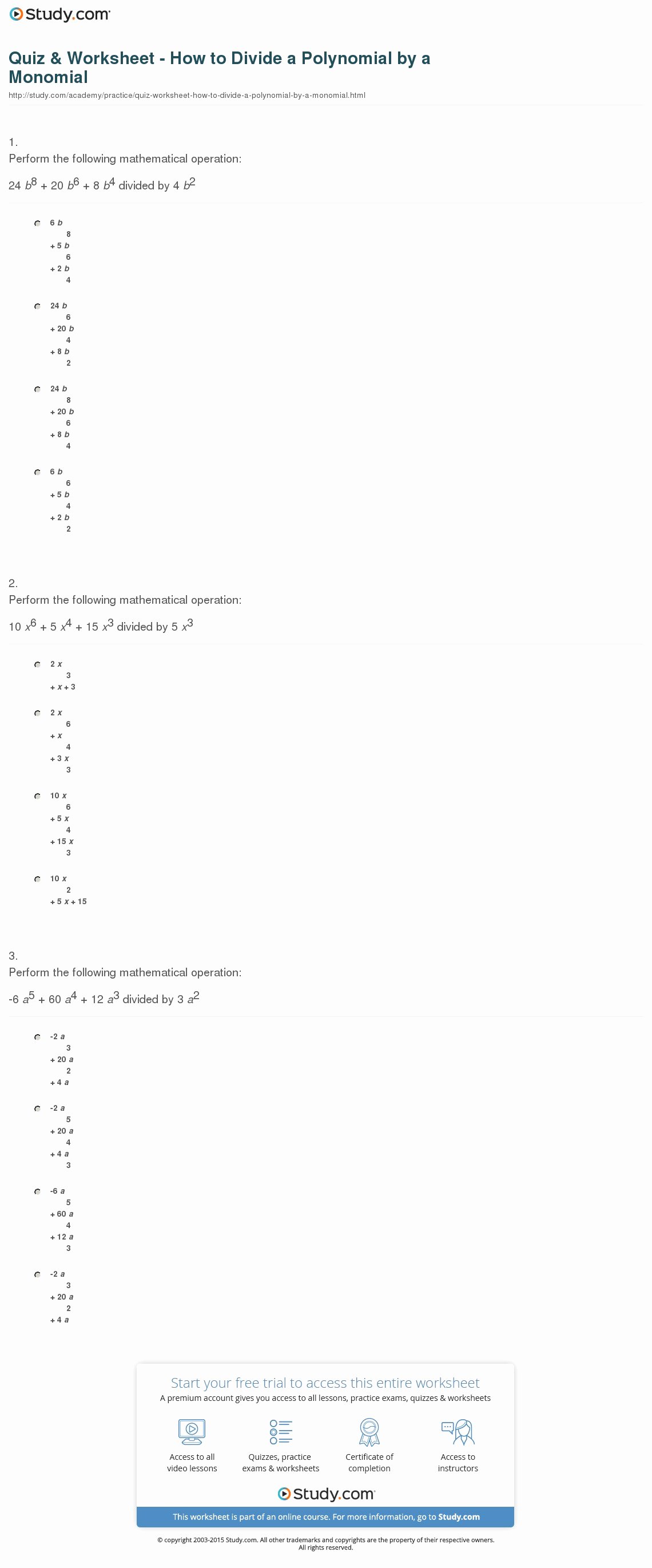 Dividing Polynomials by Monomials Worksheet Beautiful Quiz &amp; Worksheet How to Divide A Polynomial by A