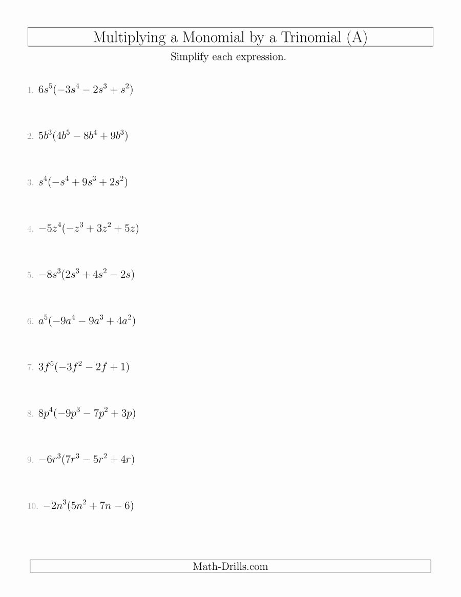 Dividing Polynomials by Monomials Worksheet Elegant Multiplying A Monomial by A Trinomial A Algebra Worksheet