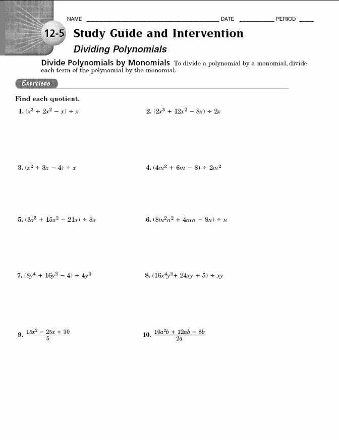 Dividing Polynomials by Monomials Worksheet Fresh Dividing Polynomials Worksheet