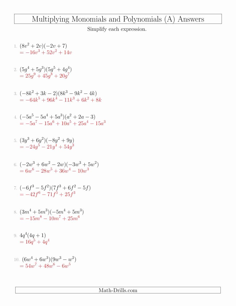 Dividing Polynomials by Monomials Worksheet Lovely Multiplying Monomials and Polynomials with Two Factors