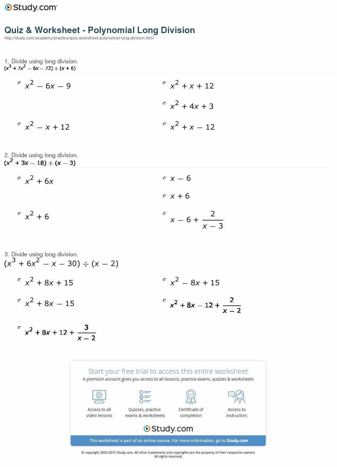 Dividing Polynomials Worksheet Answers Awesome Quiz &amp; Worksheet Polynomial Long Division