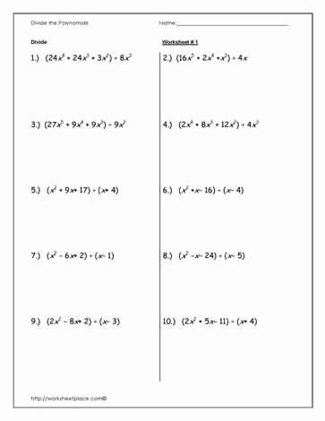 Dividing Polynomials Worksheet Answers Best Of Divide Polynomials Worksheet 1 Worksheets