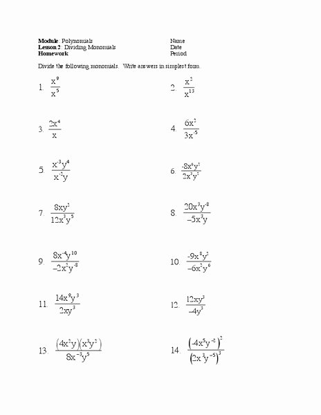 Dividing Polynomials Worksheet Answers Luxury Dividing Monomials Worksheet for 9th Grade