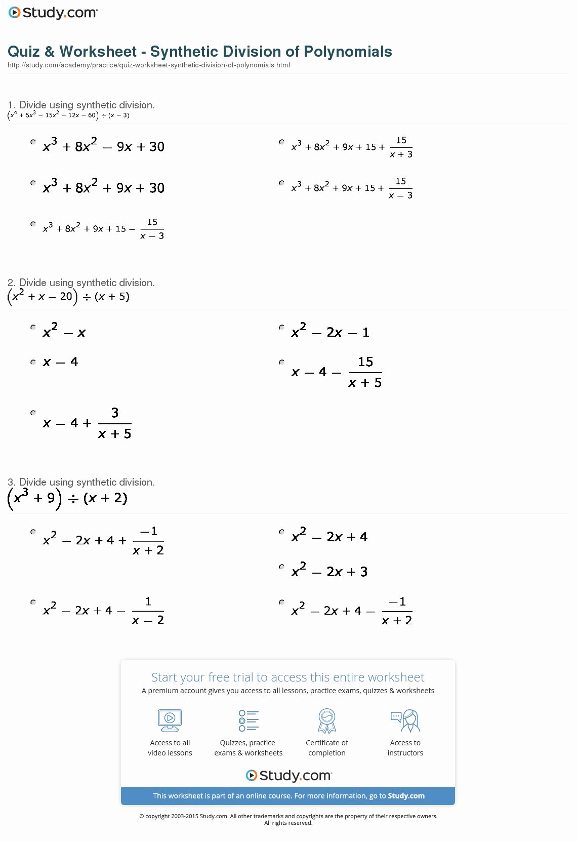 Dividing Polynomials Worksheet Answers Luxury Quiz &amp; Worksheet Synthetic Division Of Polynomials