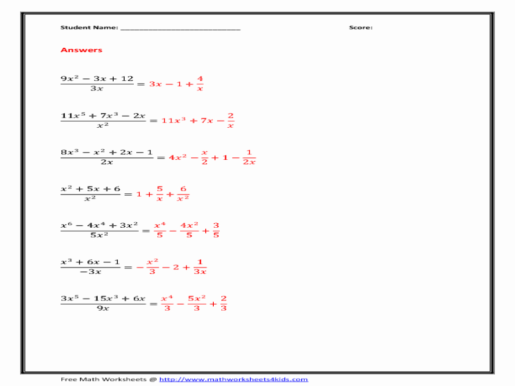 Dividing Polynomials Worksheet Answers New Divide the Polynomials by Monomials Worksheet for 8th