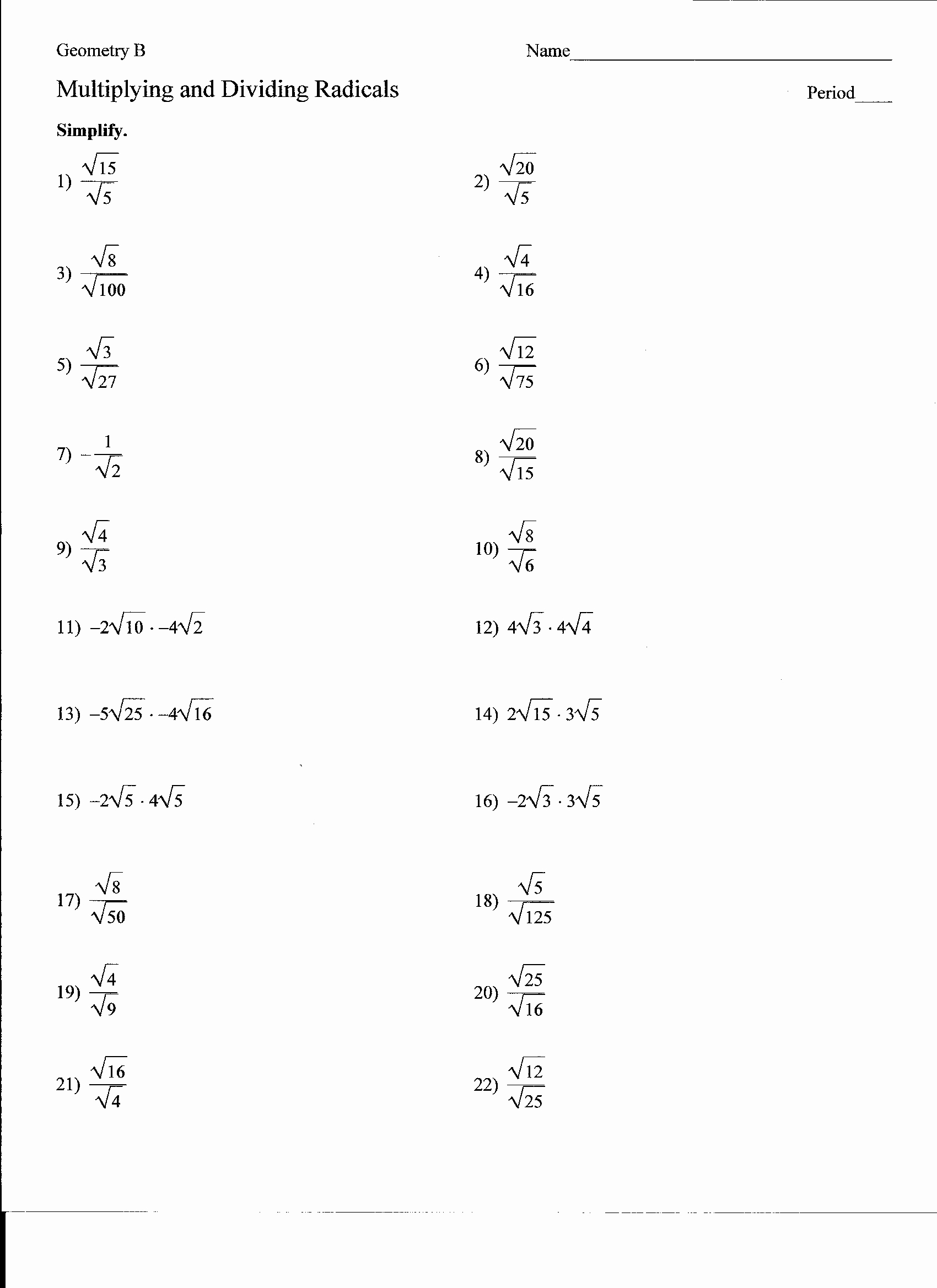 50 Dividing Radical Expressions Worksheet