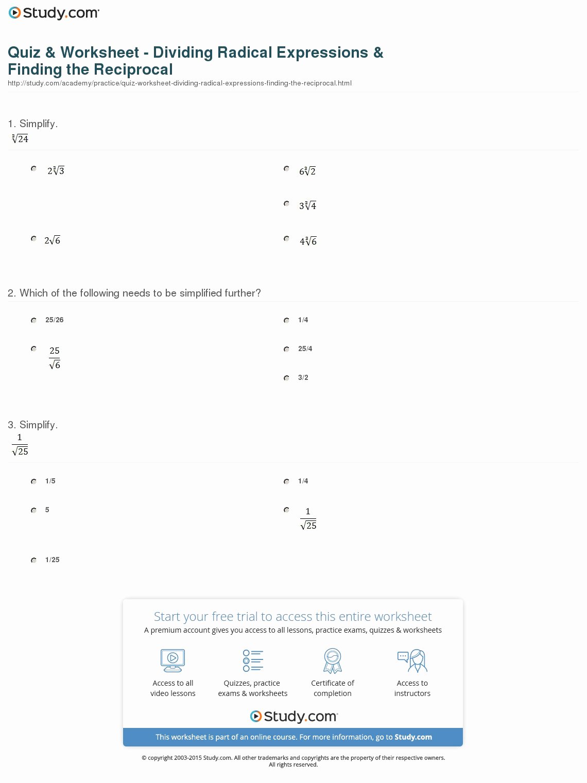 Dividing Radical Expressions Worksheet Elegant Quiz &amp; Worksheet Dividing Radical Expressions &amp; Finding