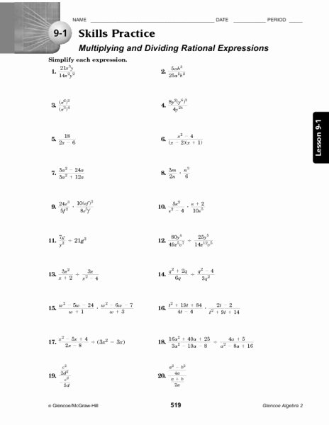 Dividing Rational Expressions Worksheet Awesome 9 1 Skills Practice Multiplying and Dividing Rational