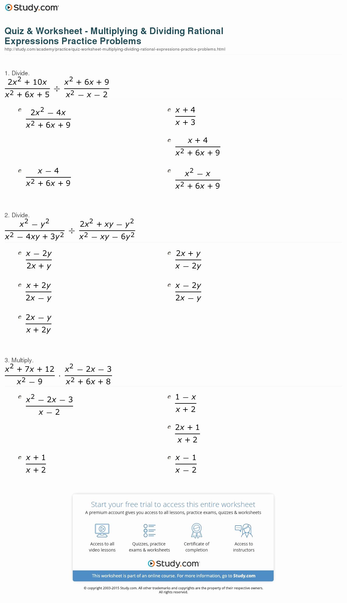 Dividing Rational Expressions Worksheet Lovely Quiz &amp; Worksheet Multiplying &amp; Dividing Rational