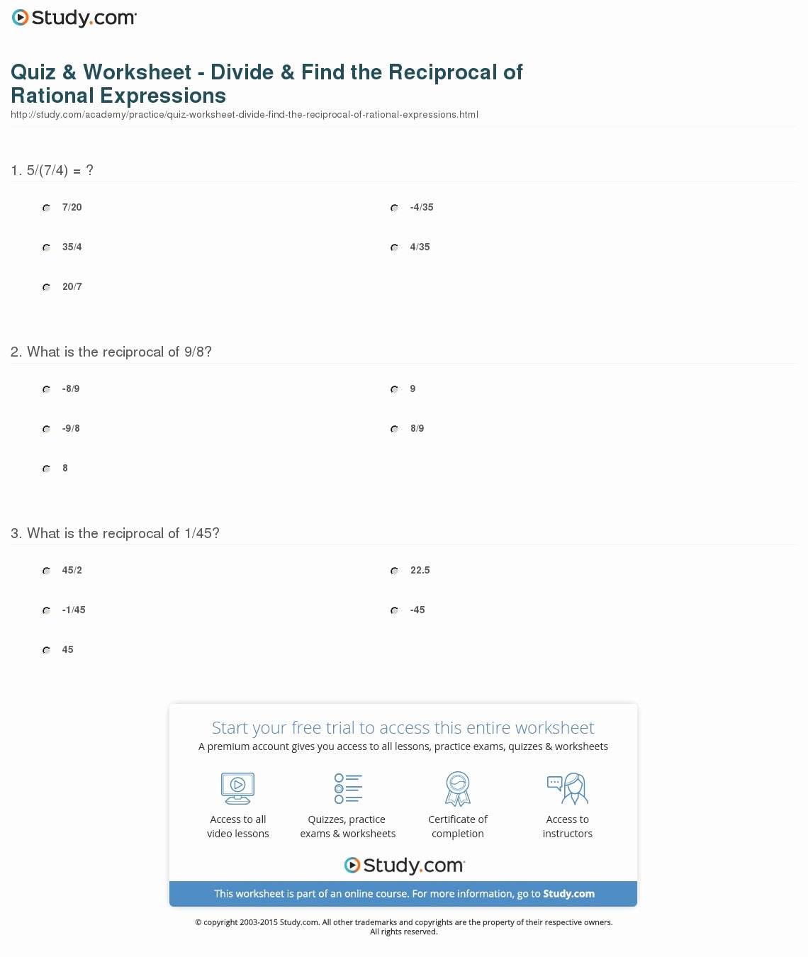 Dividing Rational Expressions Worksheet Luxury Quiz &amp; Worksheet Divide &amp; Find the Reciprocal Of