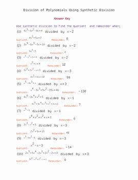 Division Of Polynomials Worksheet Awesome Synthetic Division Of Polynomials Worksheet with Answer