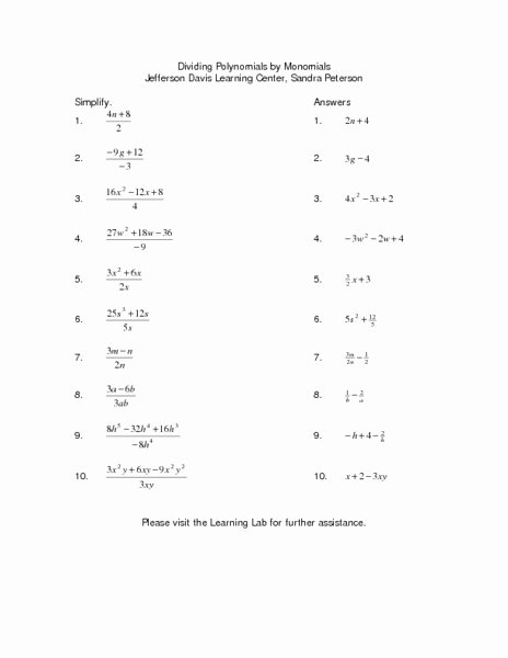 Division Of Polynomials Worksheet Fresh Dividing Polynomials by Monomials Lesson Plan for 9th
