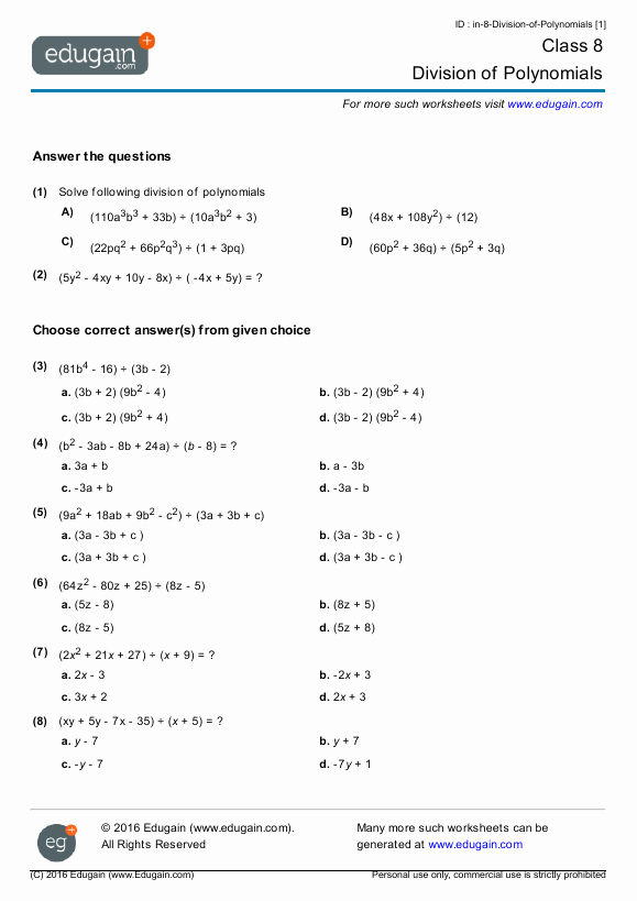 Division Of Polynomials Worksheet Lovely Class 8 Math Worksheets and Problems Division Of