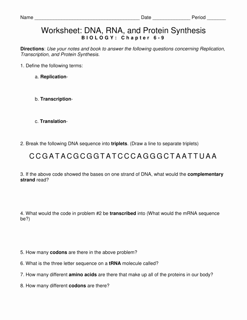 Dna and Rna Worksheet Answers Awesome Worksheet Dna Rna and Protein Synthesis