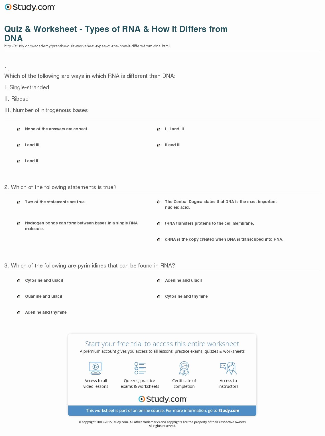 Dna and Rna Worksheet Answers New Quiz &amp; Worksheet Types Of Rna &amp; How It Differs From Dna