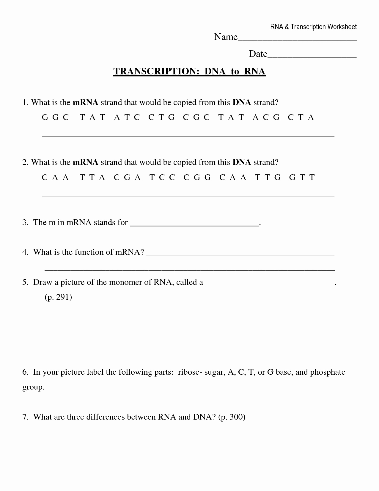 Dna and Rna Worksheet Answers Unique Transcription Worksheet Biological Science Picture