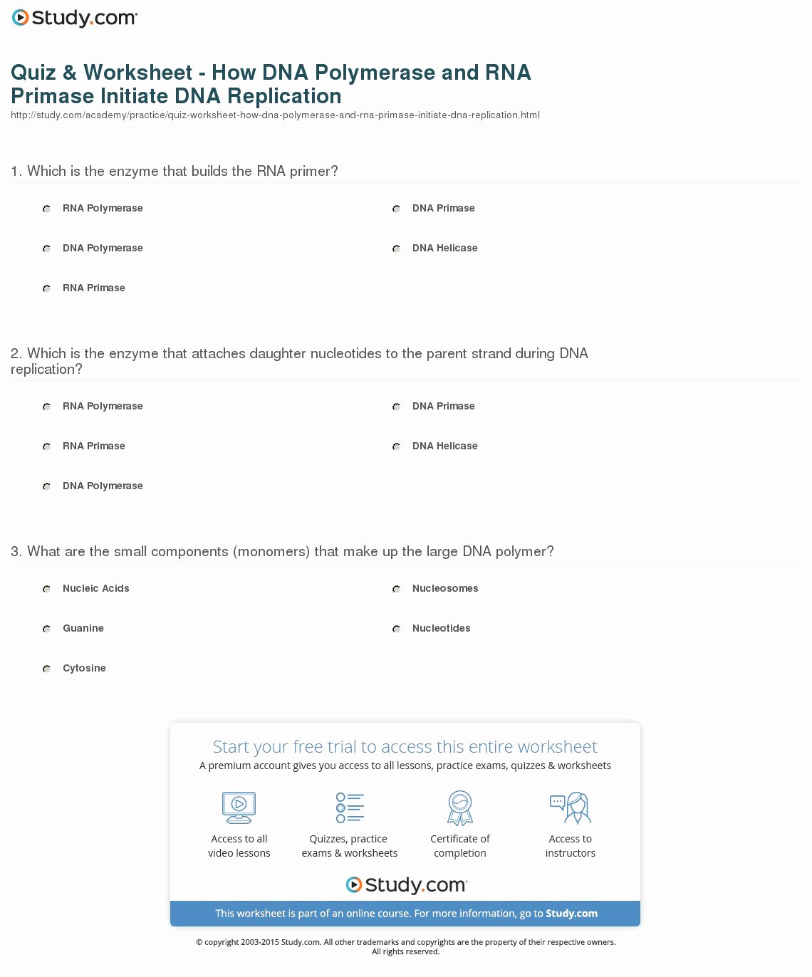 Dna and Rna Worksheet Luxury Quiz &amp; Worksheet How Dna Polymerase and Rna Primase
