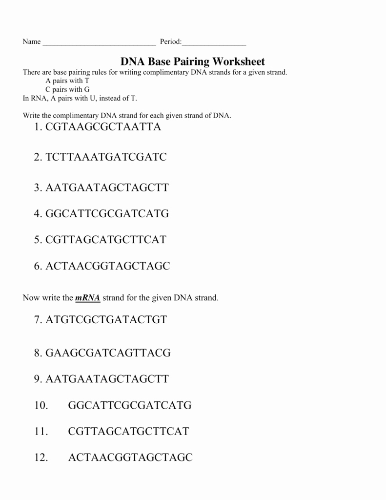 Dna Base Pairing Worksheet Answers New Dna Base Pairing Worksheet 1 Cgtaagcgctaatta 2