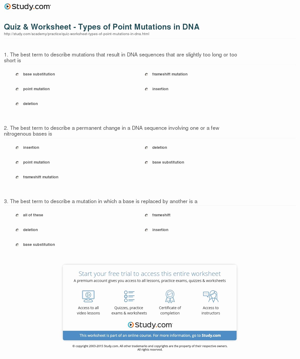 Dna Mutations Practice Worksheet Answer Best Of Quiz &amp; Worksheet Types Of Point Mutations In Dna