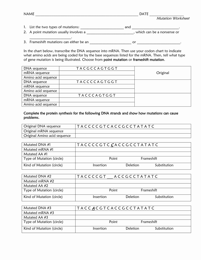 Dna Mutations Practice Worksheet Answers Luxury Codon Chart Worksheet