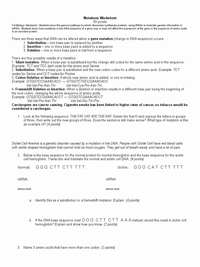 Dna Mutations Practice Worksheet Beautiful Sickle Cell Anemia Worksheet Answers
