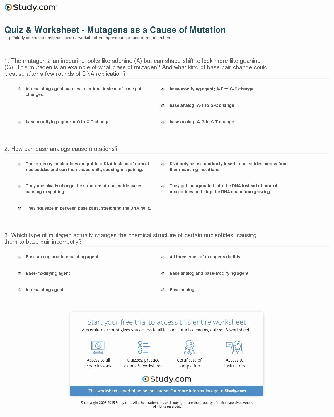 Dna Mutations Practice Worksheet Lovely Quiz &amp; Worksheet Mutagens as A Cause Of Mutation