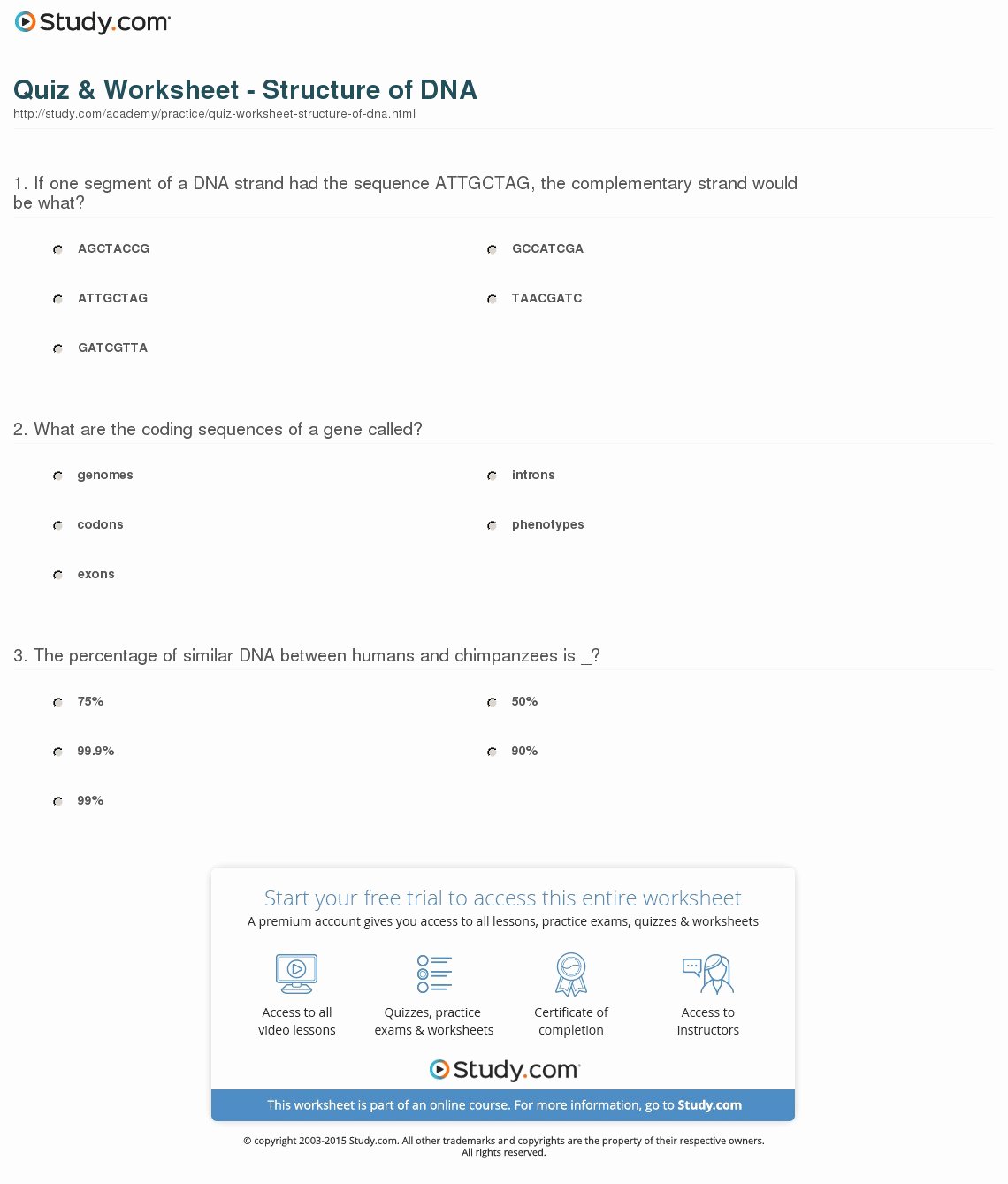 Dna Structure Worksheet Answer Elegant Quiz &amp; Worksheet Structure Of Dna