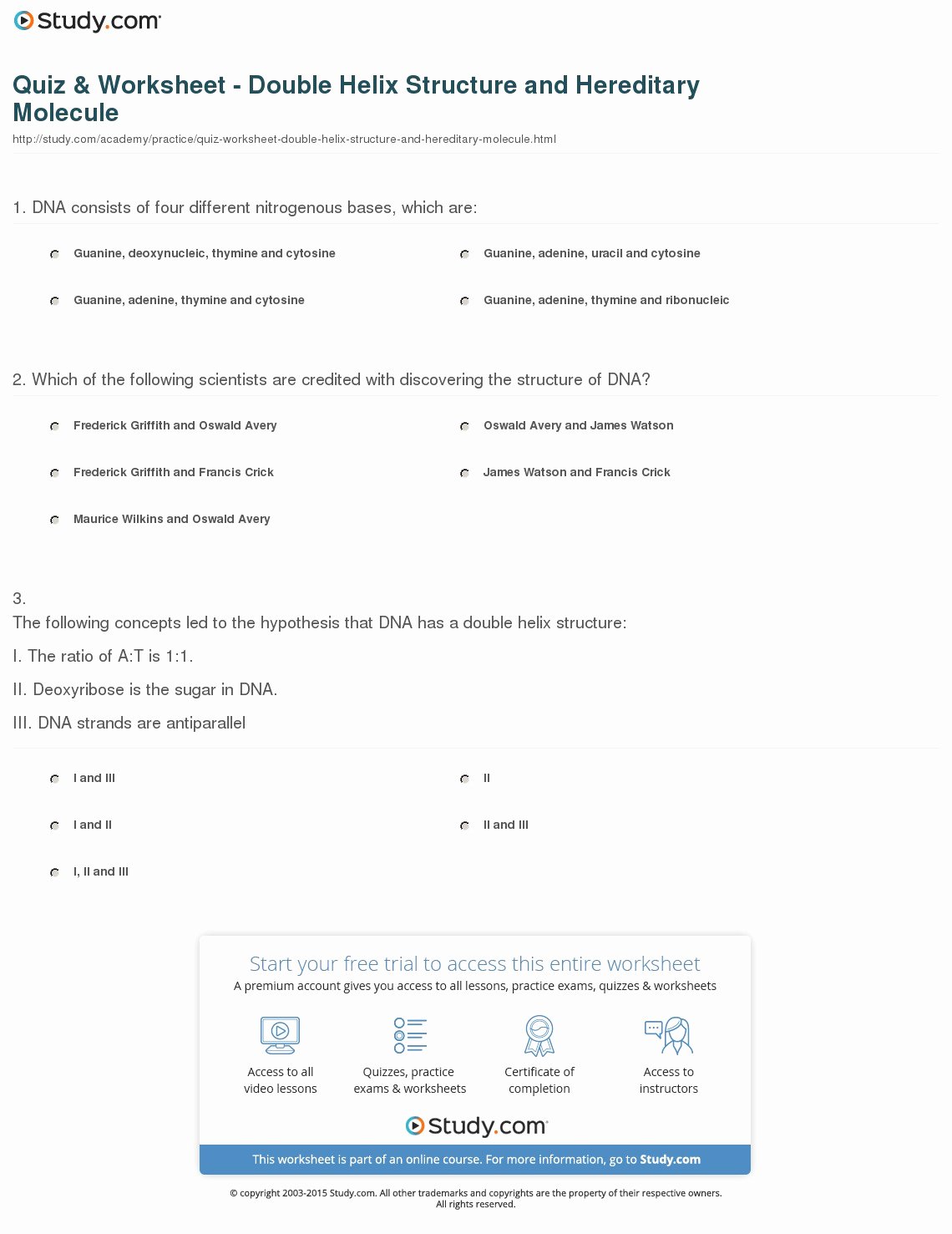Dna the Double Helix Worksheet Inspirational Quiz &amp; Worksheet Double Helix Structure and Hereditary