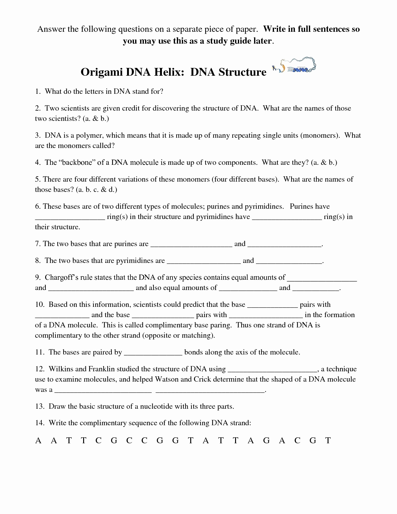 Dna the Double Helix Worksheet New Nucleic Acids Dna the Double Helix Worksheet Answers the