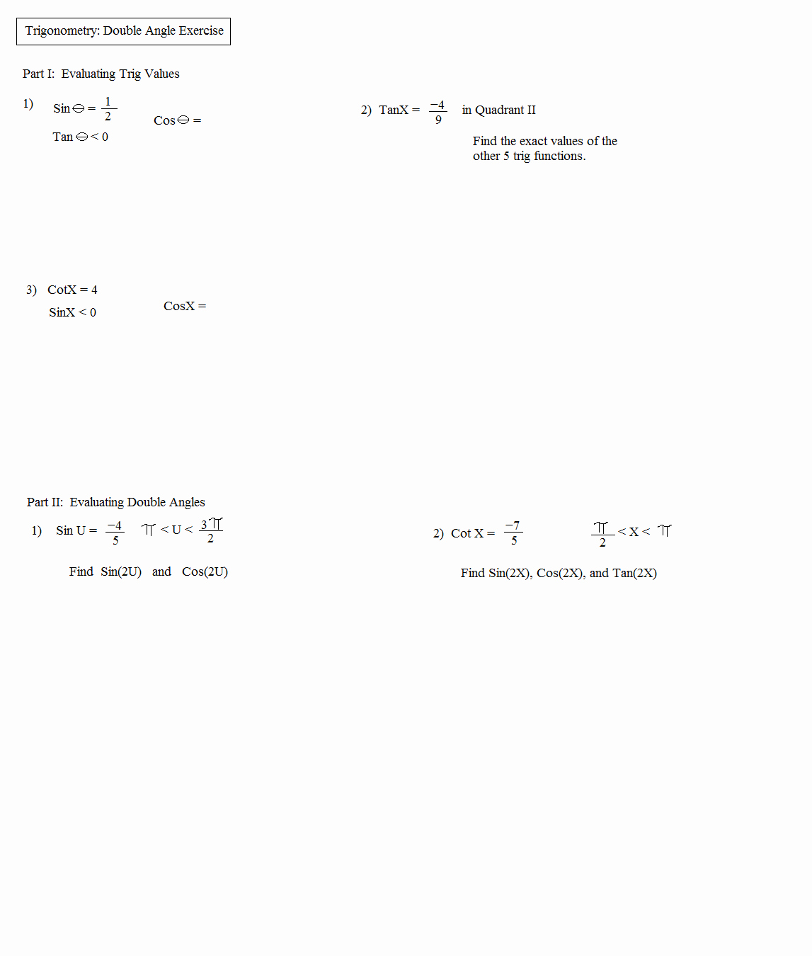 Double Angle Identities Worksheet Fresh Math Plane Trig Identities Ii Double Angles