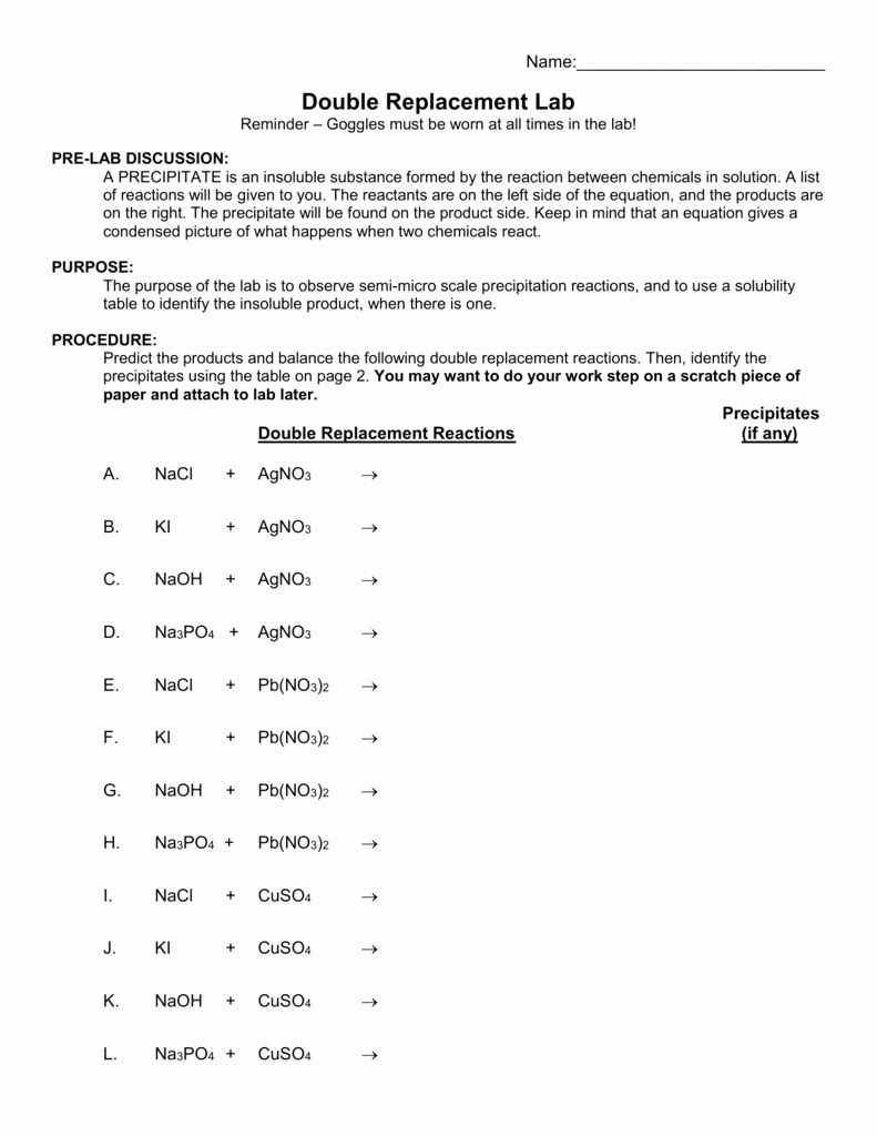 Double Replacement Reaction Worksheet Elegant Double Replacement Lab