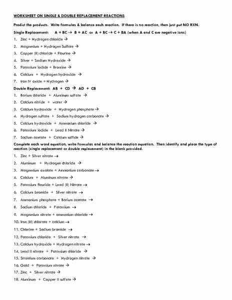 Double Replacement Reaction Worksheet Lovely Worksheet 4 Single Replacement Reactions