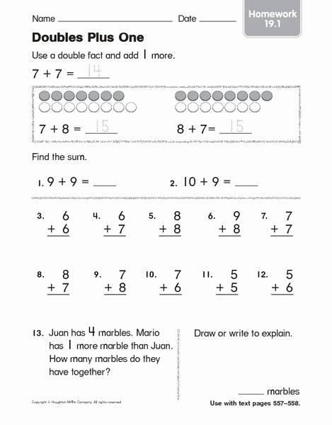 Doubles Plus One Worksheet Unique Doubles Plus E Homework Worksheet for 1st 3rd Grade